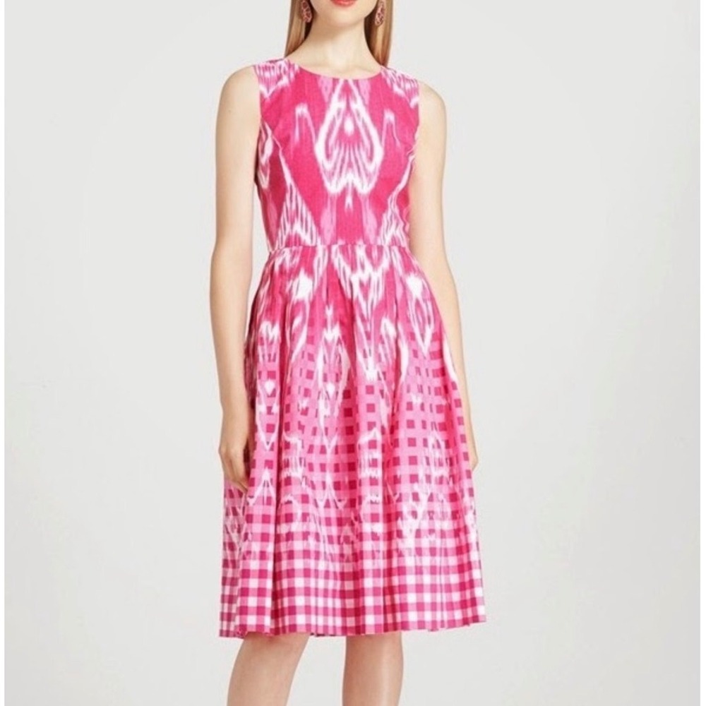 Oscar de la Renta 12 Pink & White Ikat Sleeveless Fit & Flare Dress